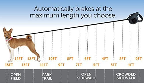 ترمز خودکار Dial-A-Distance در حداکثر طول ایمن که شما تنظیم کرده اید (از 0 تا 15 فوت) تنها با چرخش یک شماره گیری. تمام مزایای یک افسار جمع شونده را داشته باشید